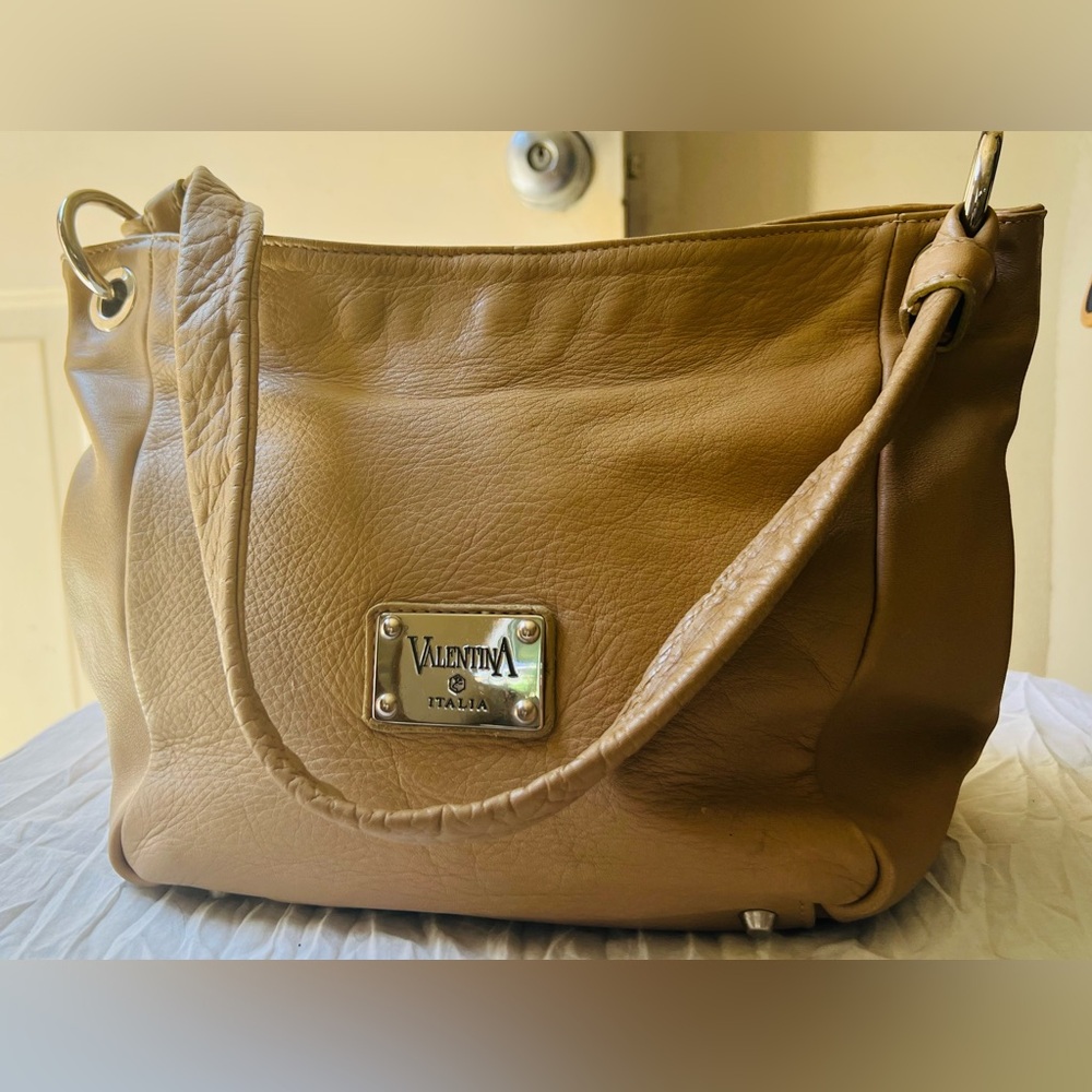 Valentina Tan Leather Shoulder Bag with Pebbled Texture